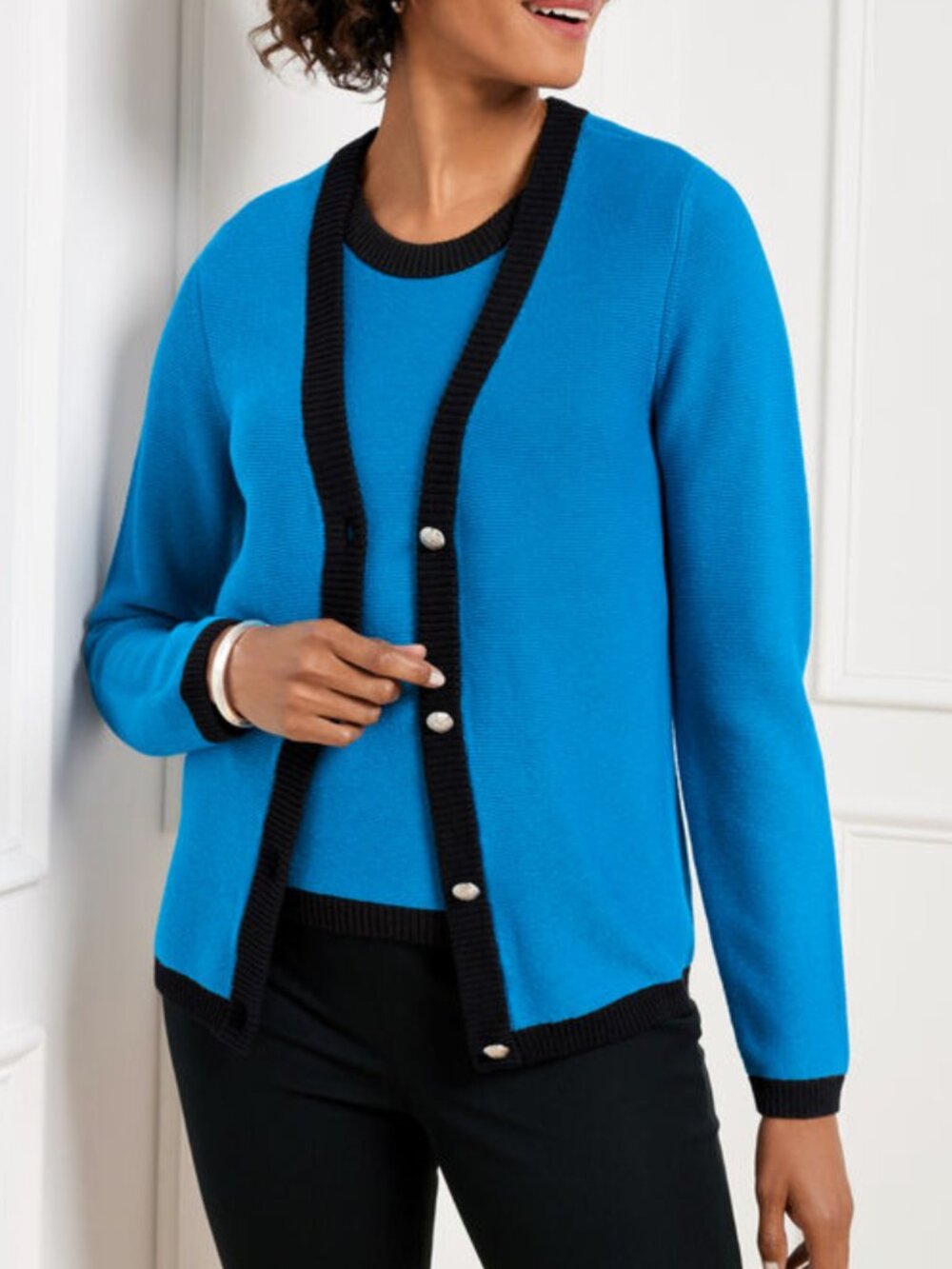 Talbots Petite LP Blue Black 2 Piece Sweater Cardigan Tank Set Academia Preppy